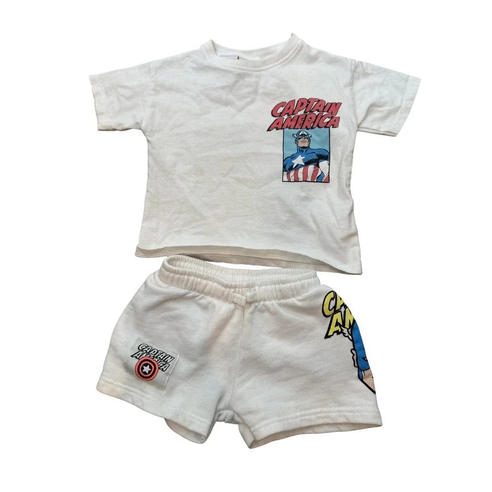 Captain America ZARA Outfit Set Boys 18-24 Months White Marvel Shorts 2 Piece